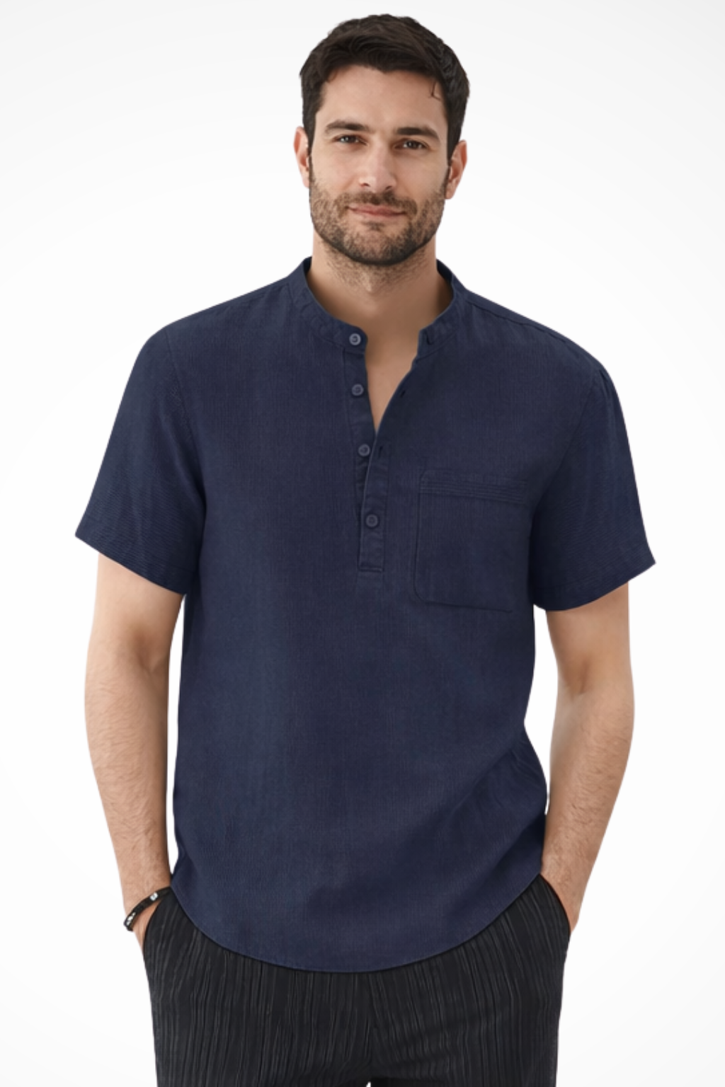 Samuel | Men's Essential Linen Band Collar Henley Shirt