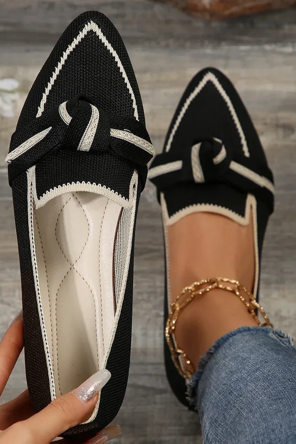 Evangeline | Elegant Pointed Toe Knit Bow Ballet Flats