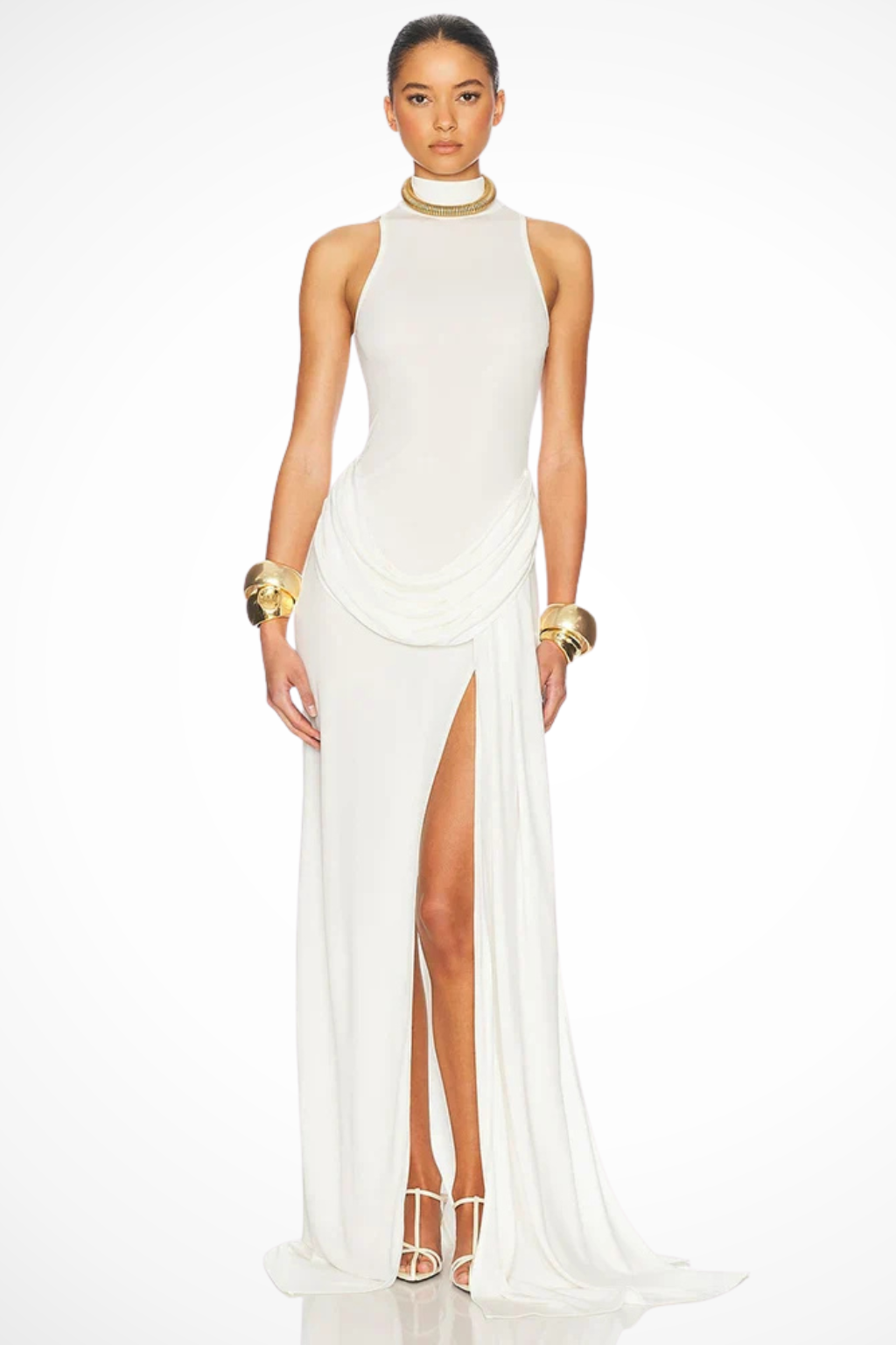 Adrielle | Elegant High Neck Draped Waist Maxi Dress