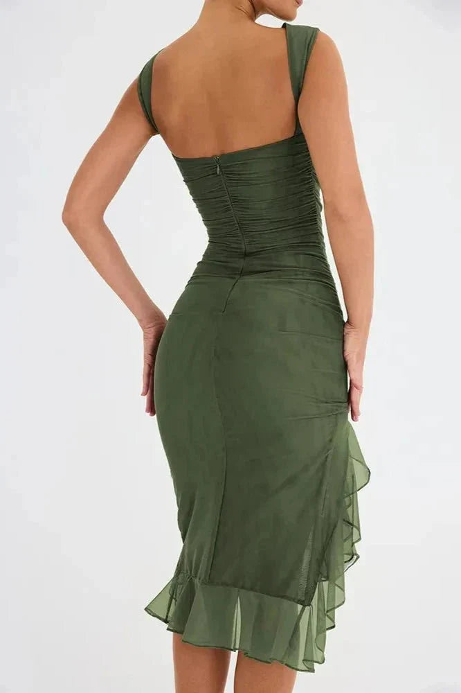 Claribel | Elegant Ruched Asymmetric Midi Wedding Guest Dress