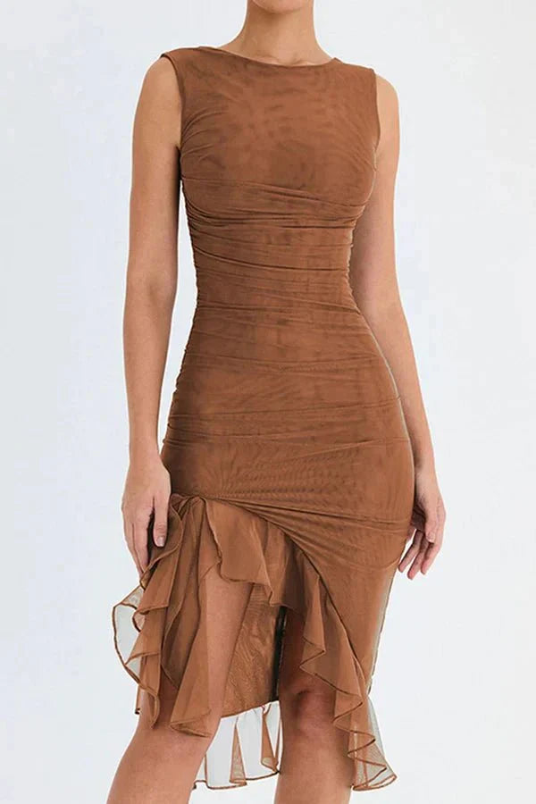 Claribel | Elegant Ruched Asymmetric Midi Wedding Guest Dress