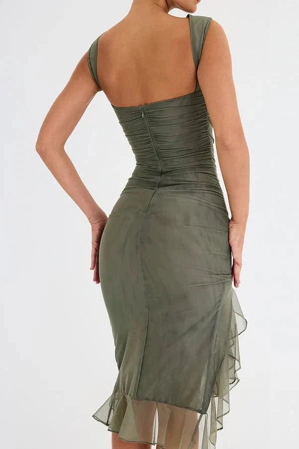 Claribel | Elegant Ruched Asymmetric Midi Wedding Guest Dress