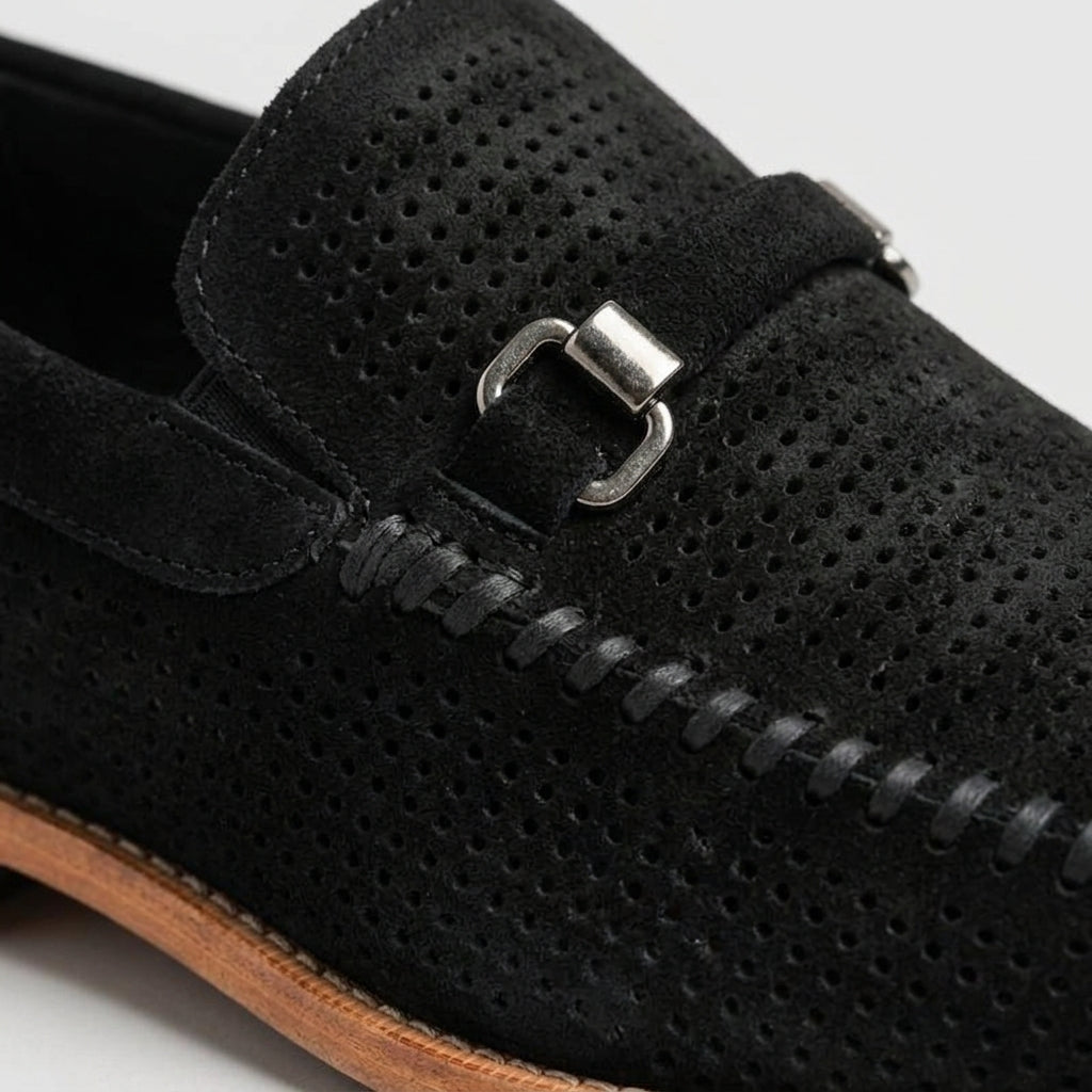 Men's Penny Loafers Slip-On Almond Toe Perforated Upper Flat Sole
