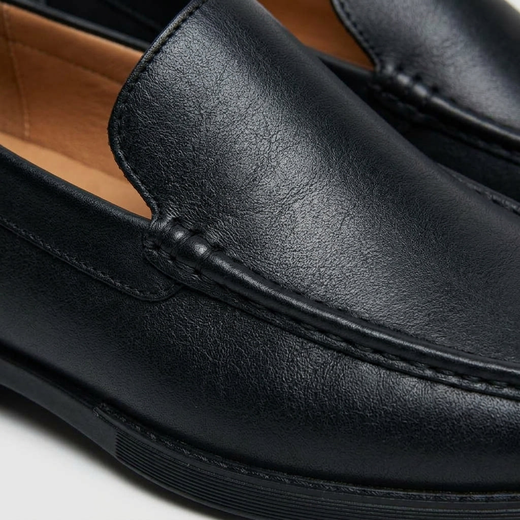 Men's Leather Loafers - Slip-On Moc Toe Shoes with Low Block Heel