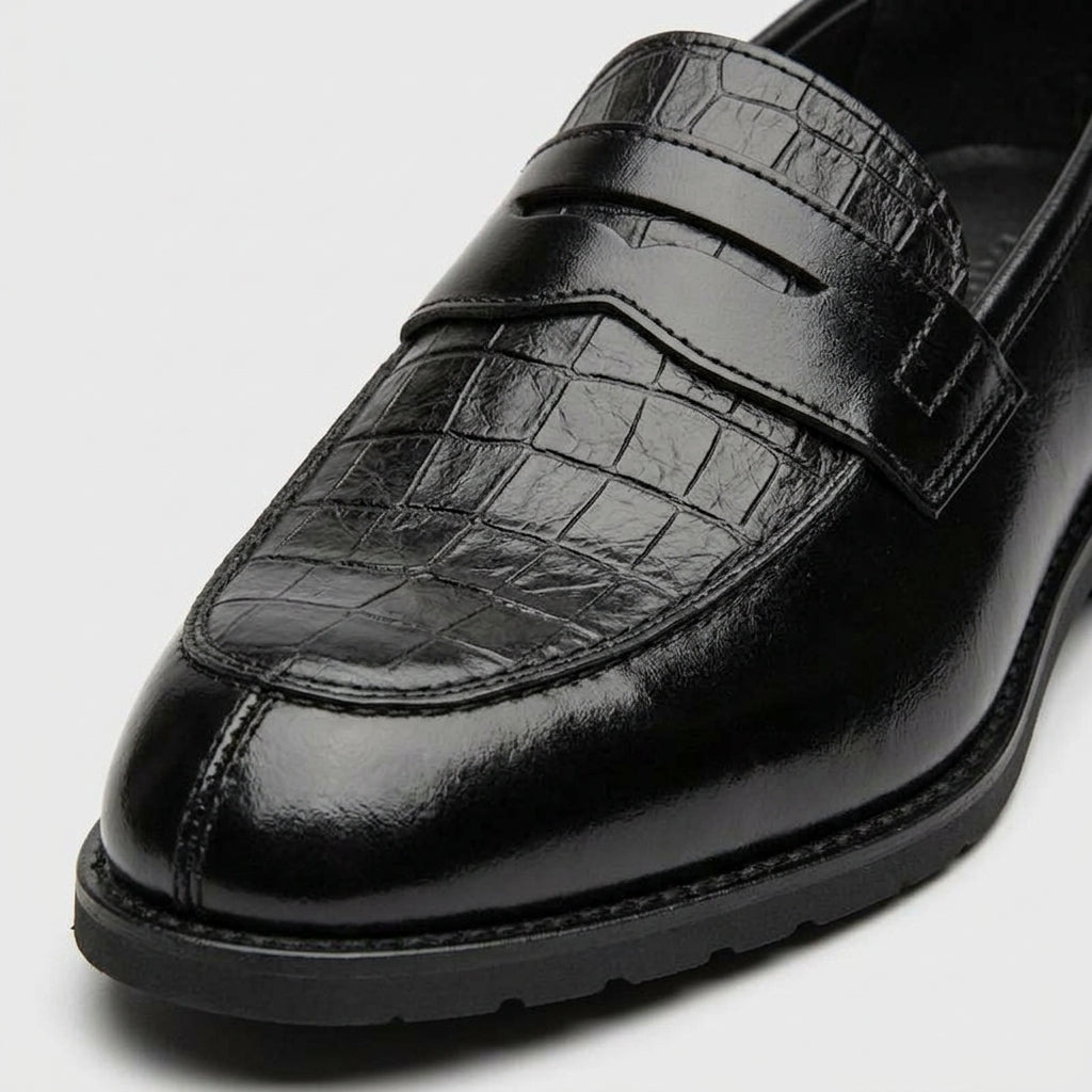 Men's Penny Loafers Slip-On Croc-Embossed Leather Low Heel