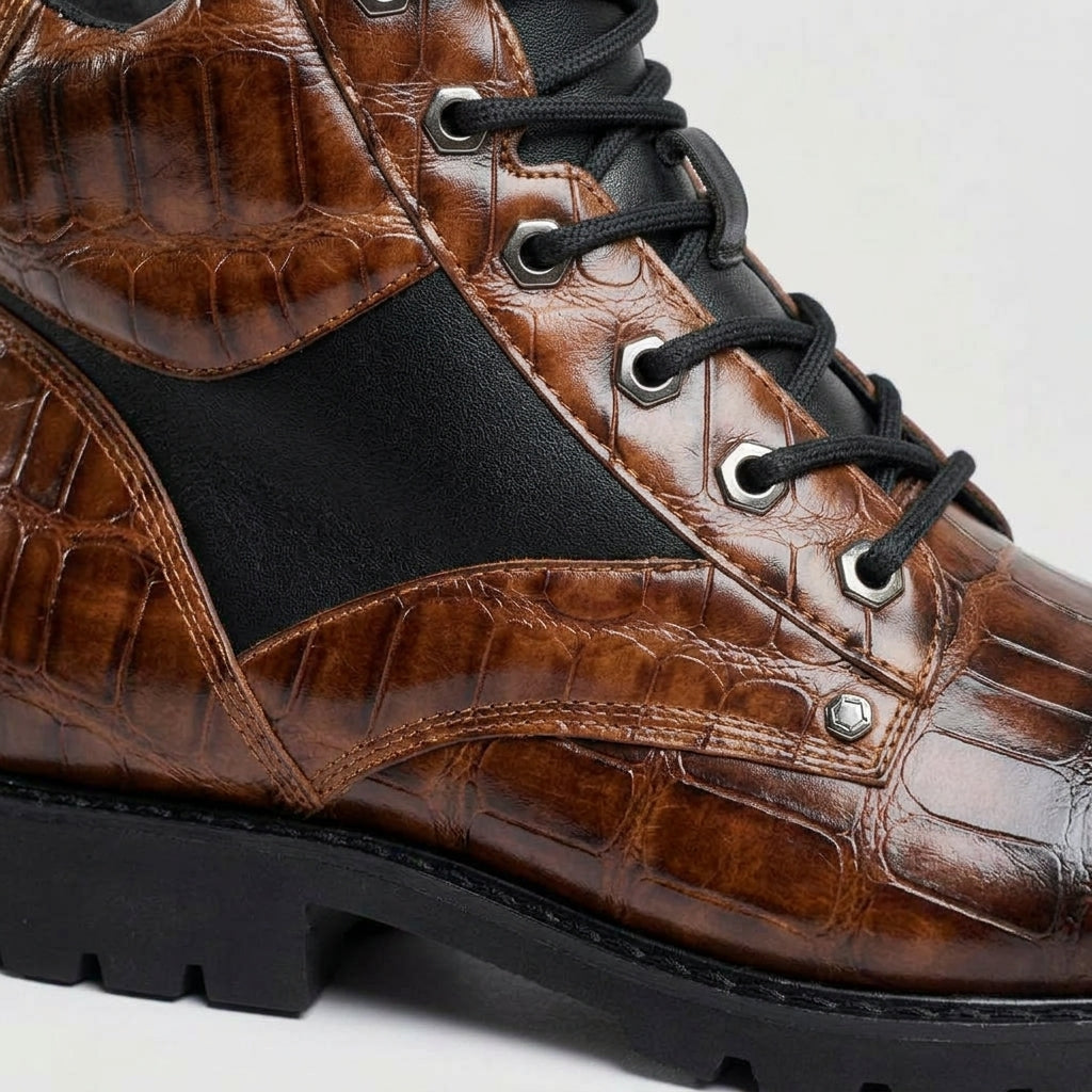 Men's Boots Croc-Embossed Lace-Up Ankle Lugged Sole