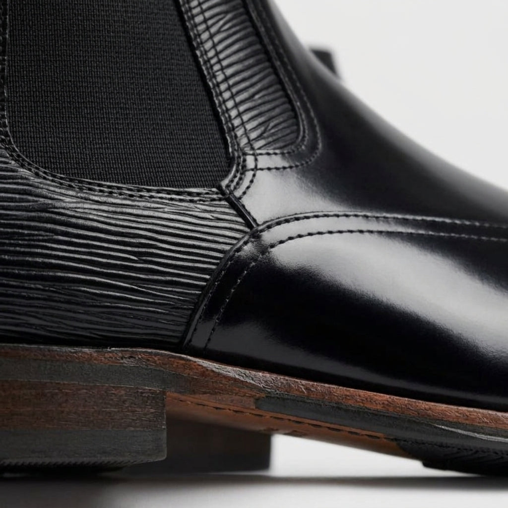 Men’s Patent Chelsea Boots with Brogue Wingtip Detail, Elastic Gusset and Pull Tab