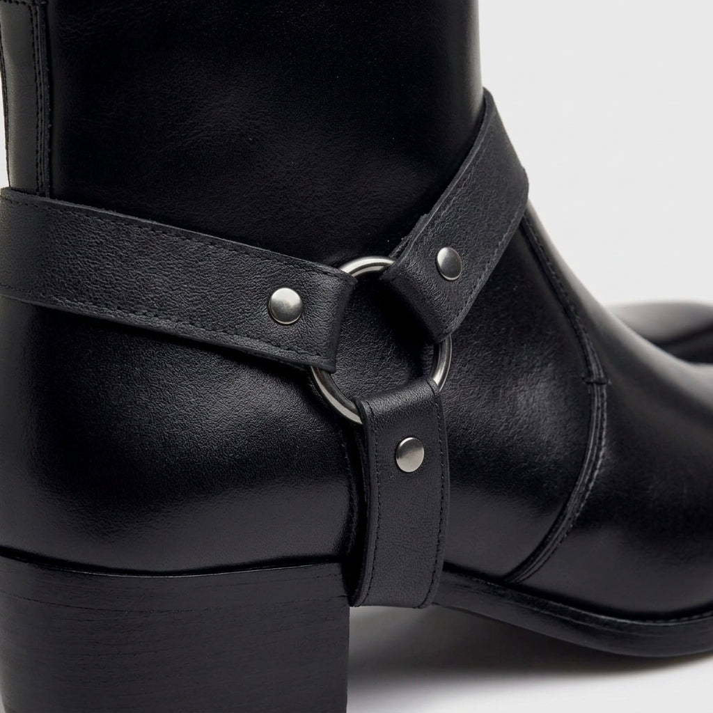 Men’s Ankle Boots with Pointed Toe, Harness Strap, D-Ring Stud Detail and Side Zip