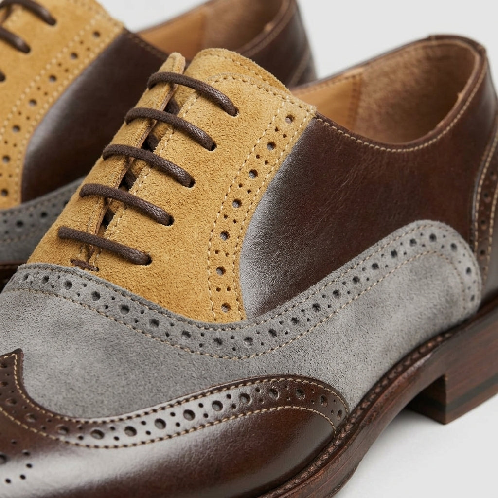 Men's Oxford Brogue Wingtip Lace-Up Low Block Heel