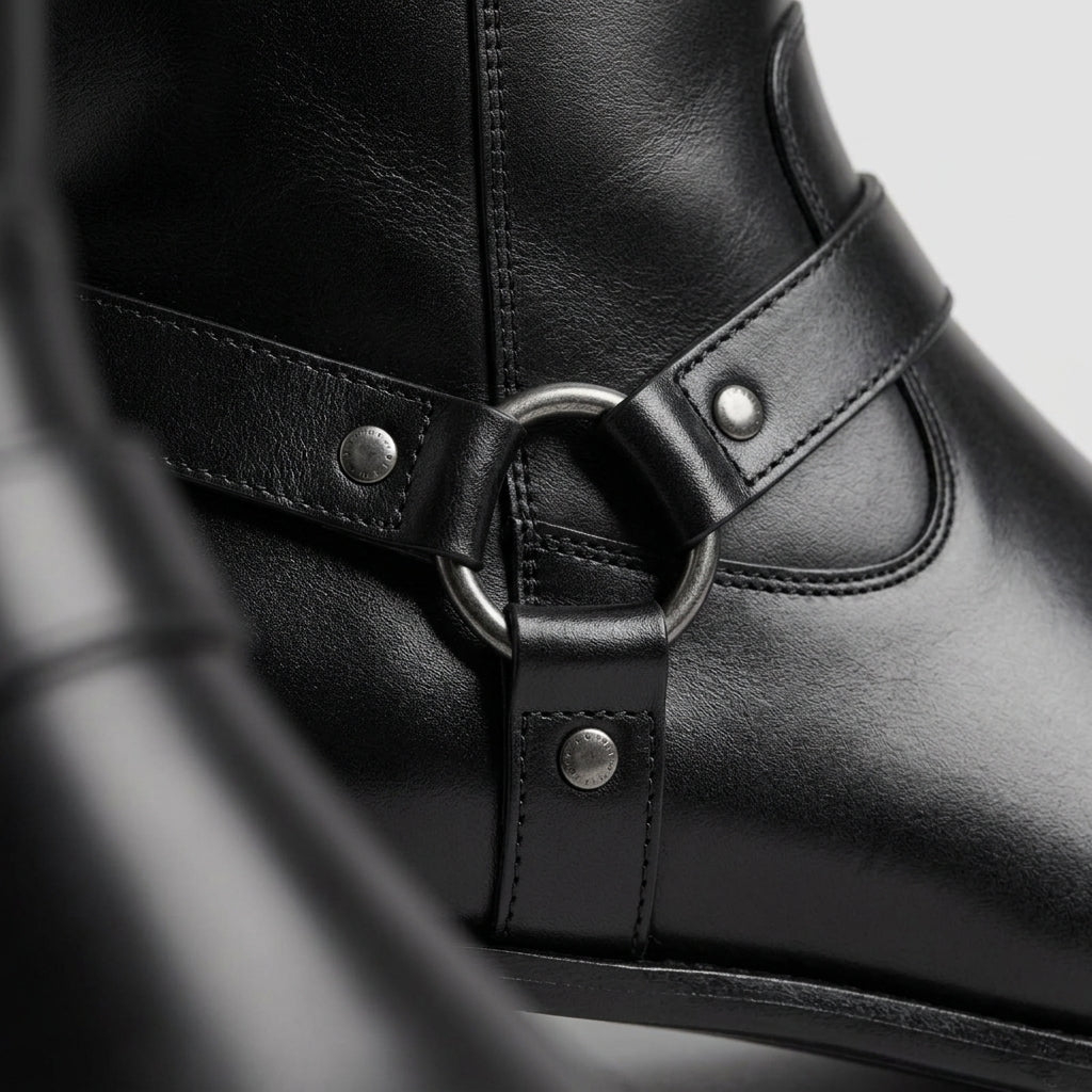 Men's Ankle Boots Suede Chain Harness Strap Side Zip Block Heel