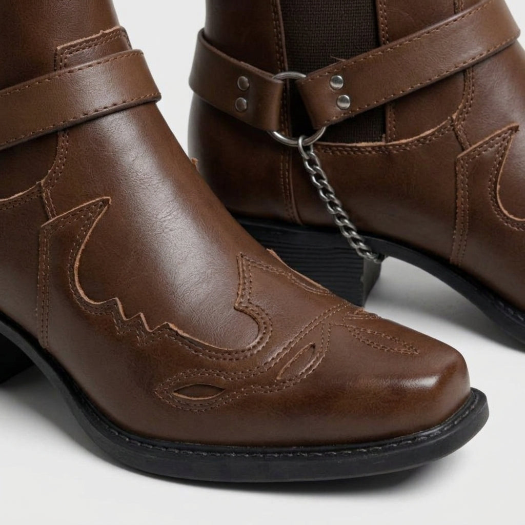 Men’s Western Chelsea Boots with Embroidered Toe Cap, Harness Strap, Chain Detail