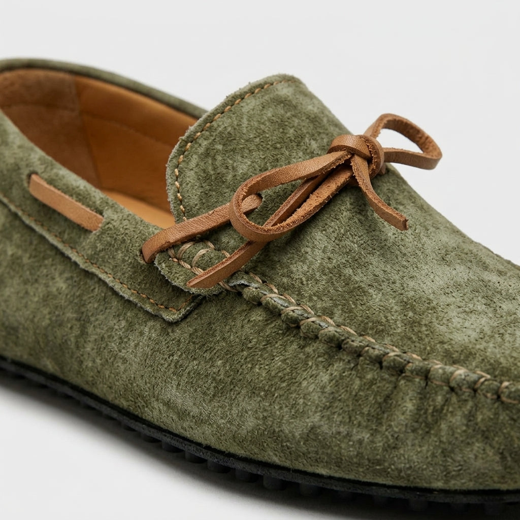 Men's Loafers Suede Bow Tie Driving Moccasins Rubber Pebble Sole