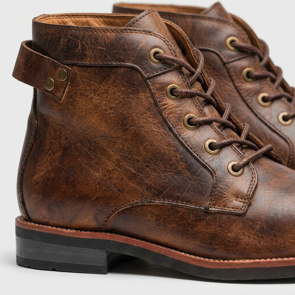 Men's Ankle Boots - Lace-Up - Round Toe - Leather - Low Heel