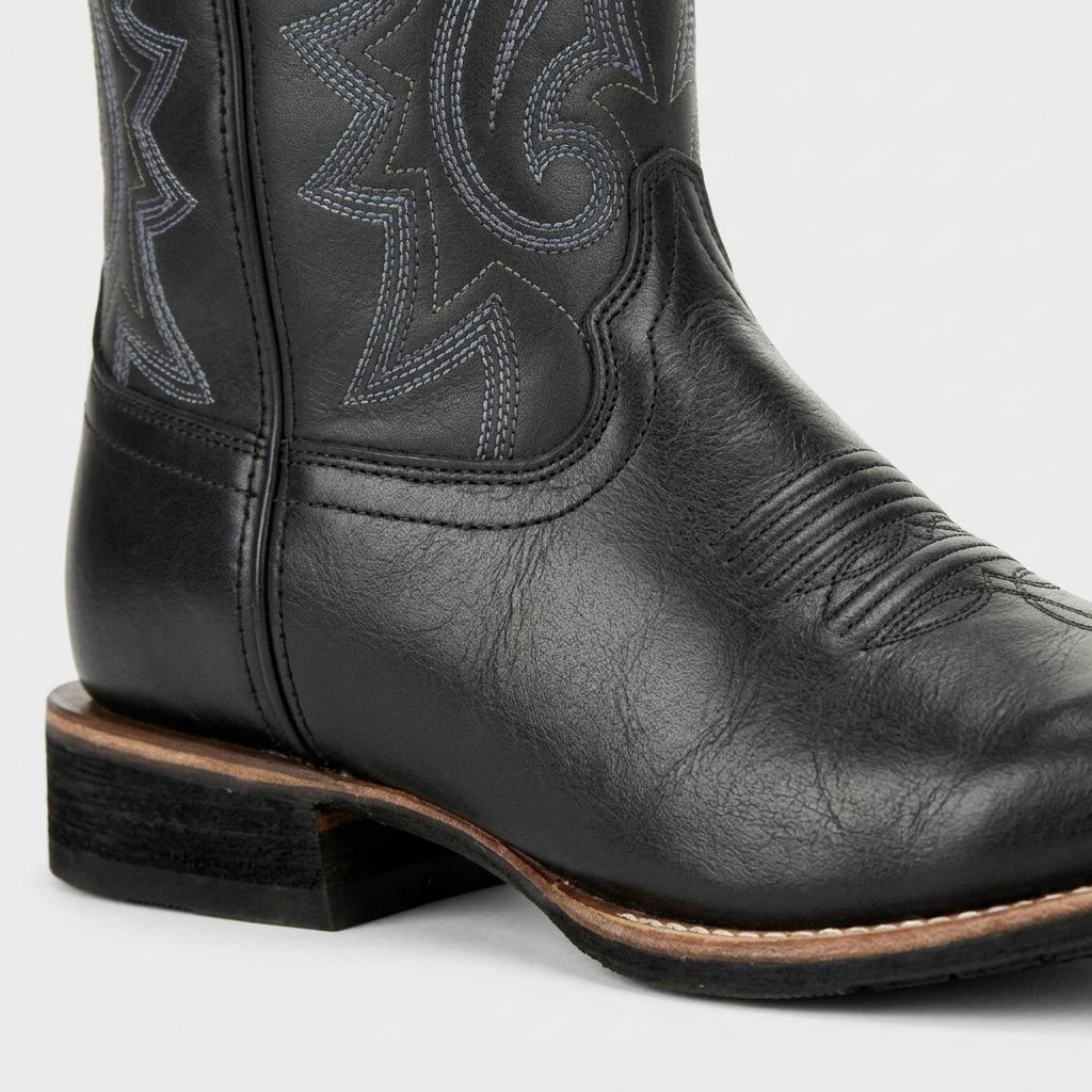 Men’s Western Cowboy Boots with Embroidered Shaft, Square Toe and Stacked Heel