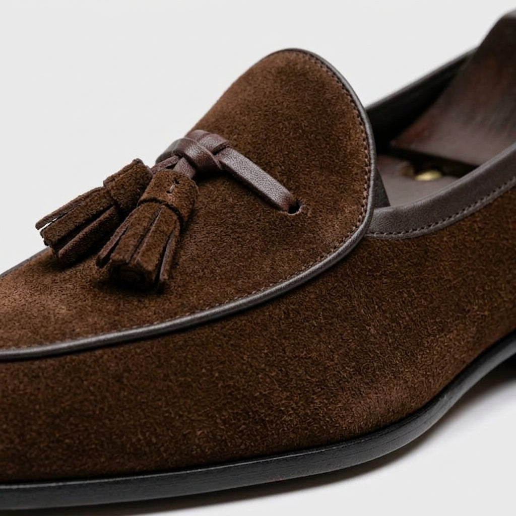 Men's Genuine Leather Tassel Loafers Slip-On Low Heel Rounded Toe
