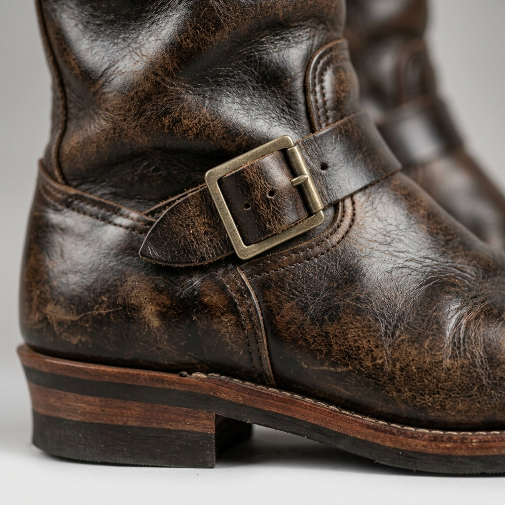 Men's Boots Mid-Calf Double Buckle Leather Low Heel Round Toe