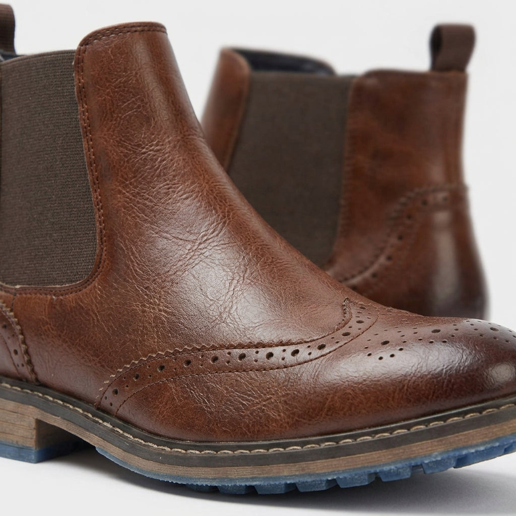Men's Chelsea Boots Chunky Platform Brogue Round Toe Brown Elastic