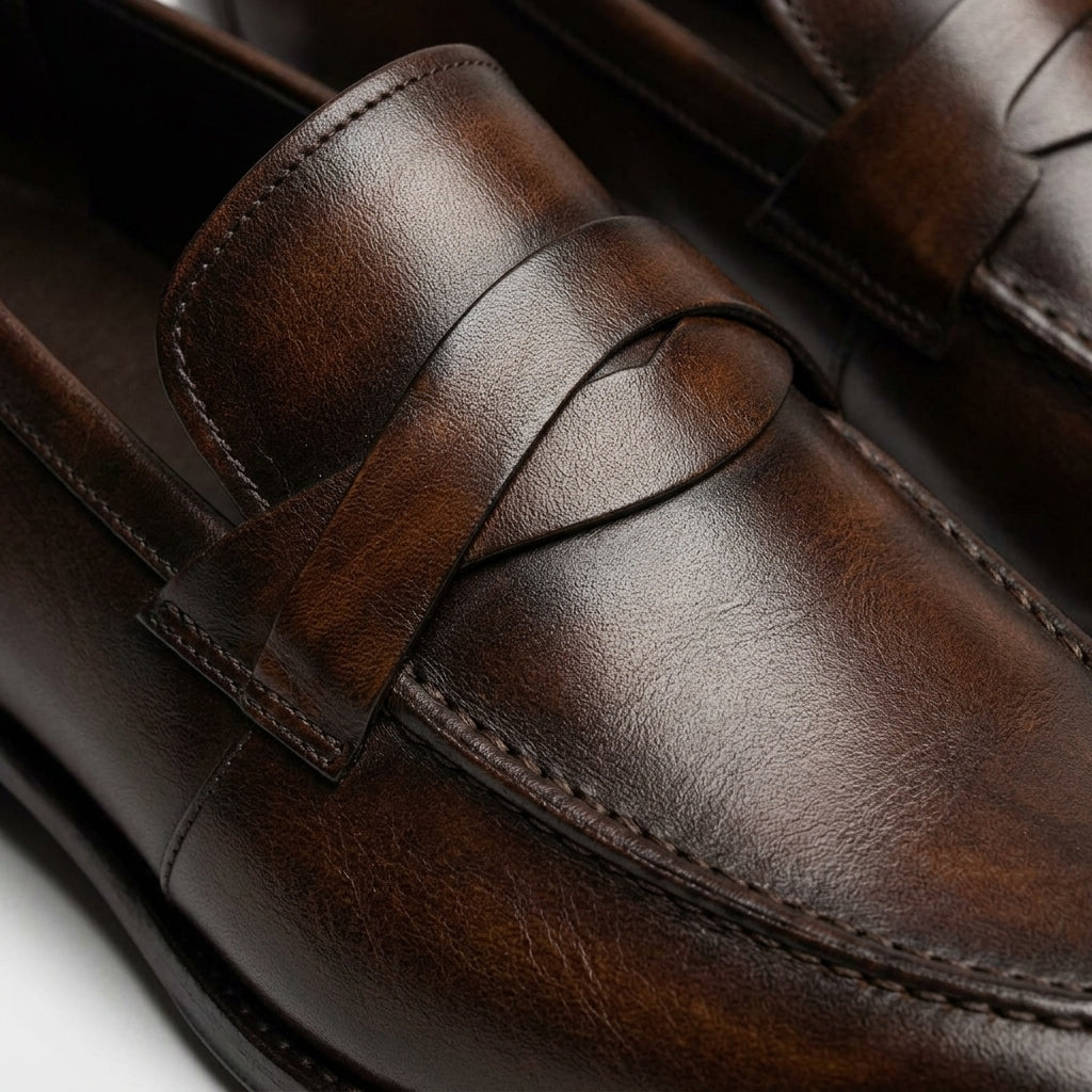 Men's Penny Loafers Round Toe Slip-On Low Heel Leather Sole