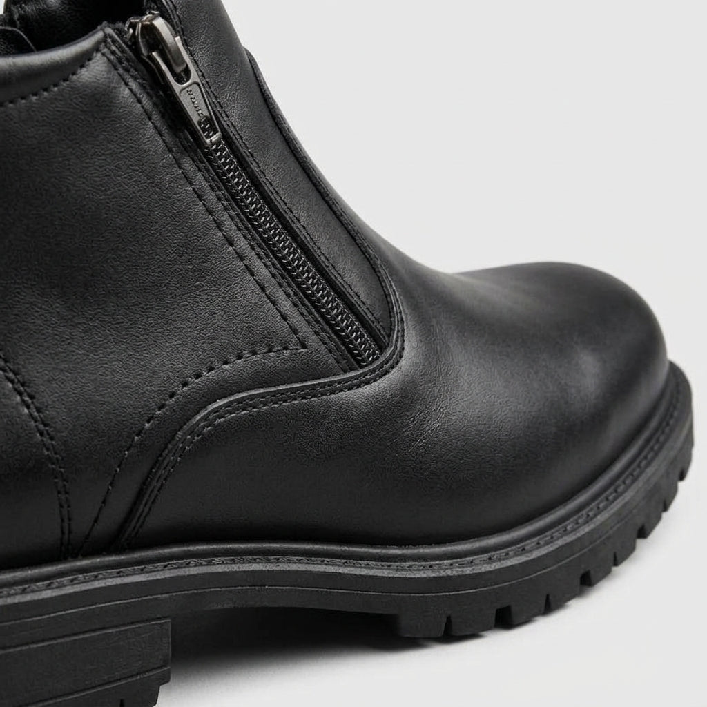 Men's Leather Ankle Boots - Side Zipper - Low Block Heel - Lug Sole