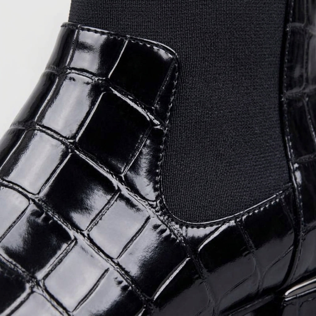 Men’s Croc Embossed Patent Chelsea Boots with Square Toe, Elastic Gusset and Pull Tab
