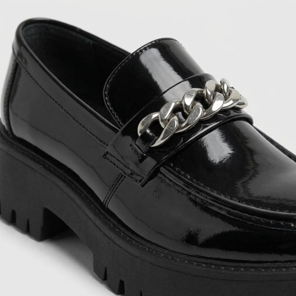 Men’s Patent Platform Loafers with Silver Chain Detail, Round Toe and Lug Sole