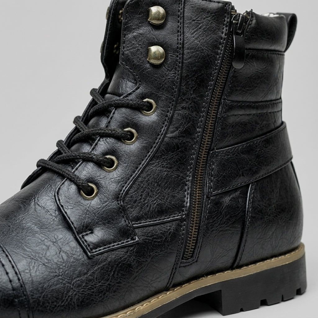 Men's Ankle Boots - Cap Toe - Lace-Up - Side Zip - Buckle Strap