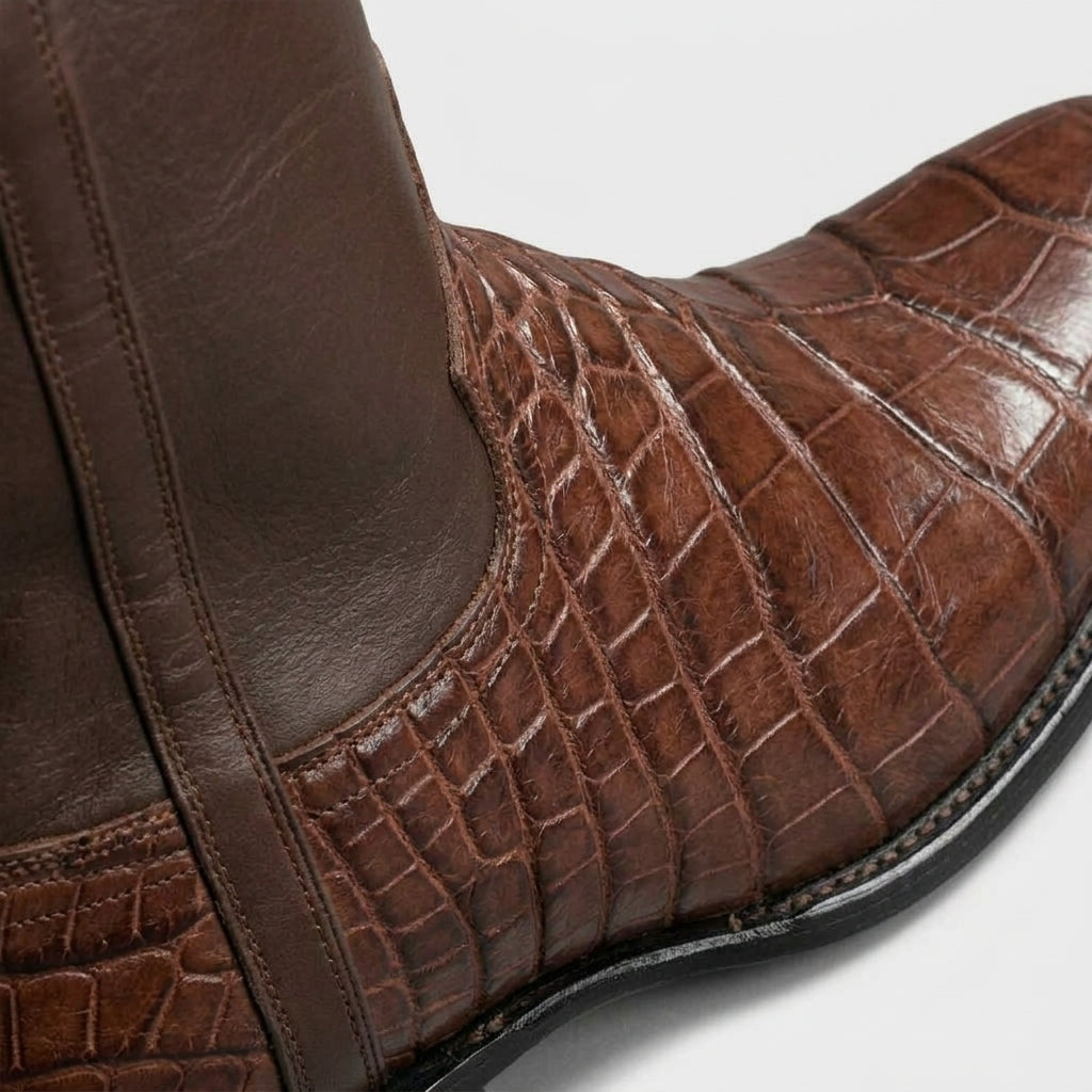 Men's Boots Western Croc-Embossed Mid-Calf Block Heel Pull-On