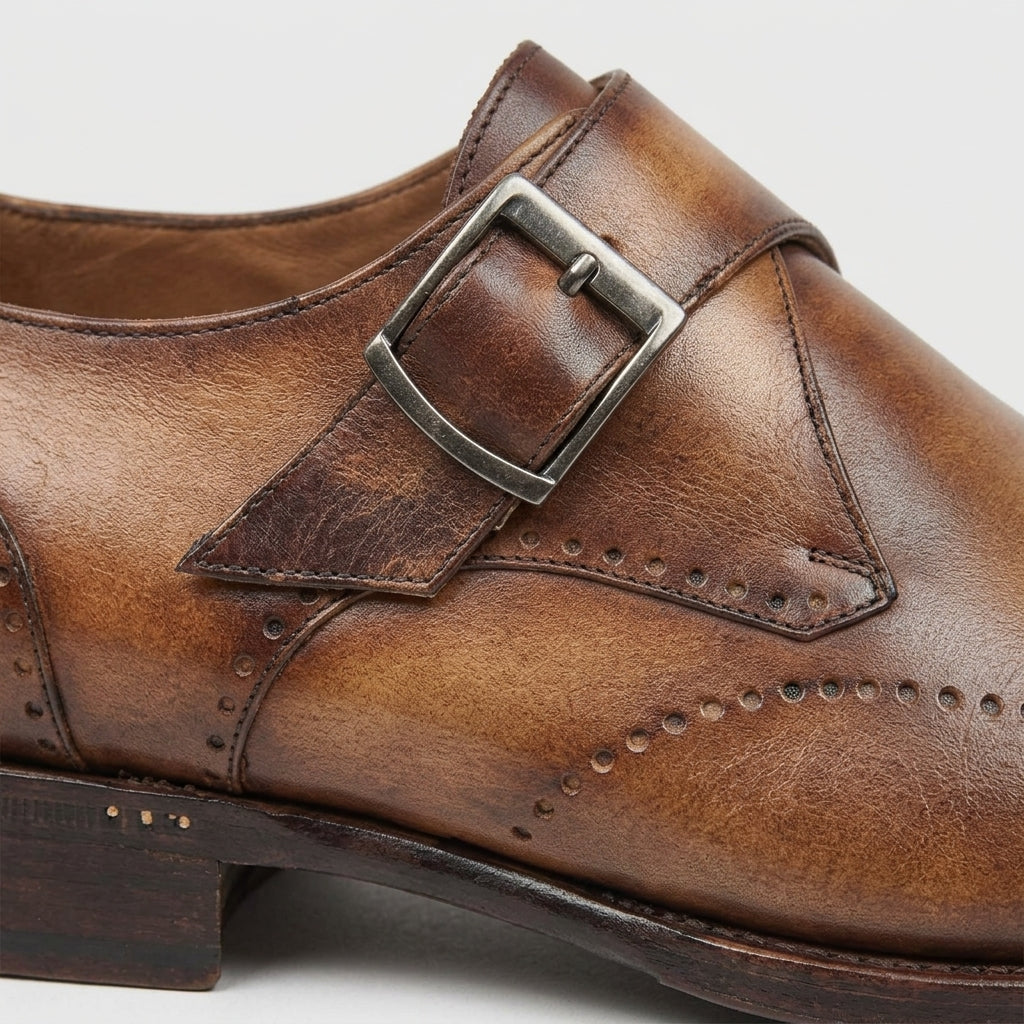 Men's Monk Strap Shoes Wingtip Brogue Low Block Heel