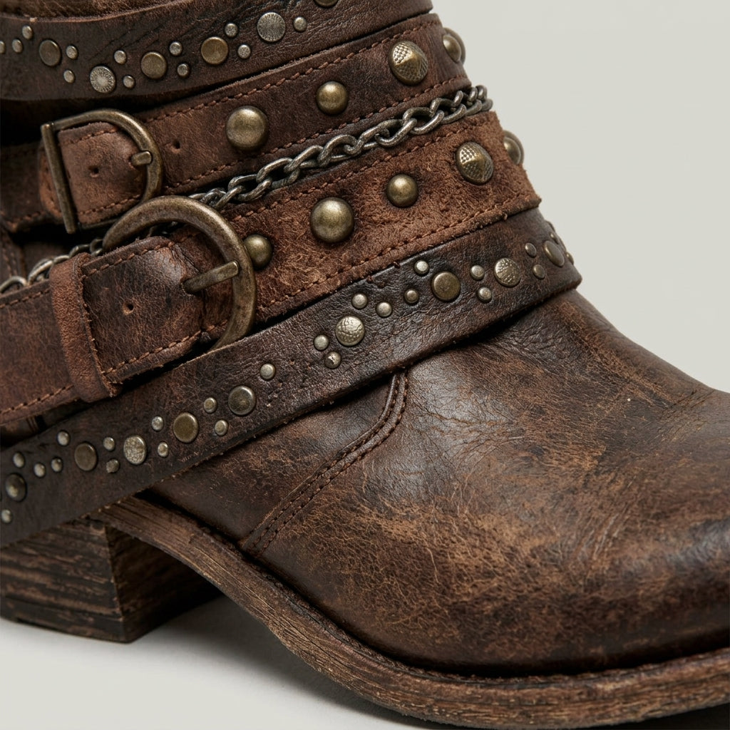 Women's Ankle Boots Studded Leather Straps Chain Detail