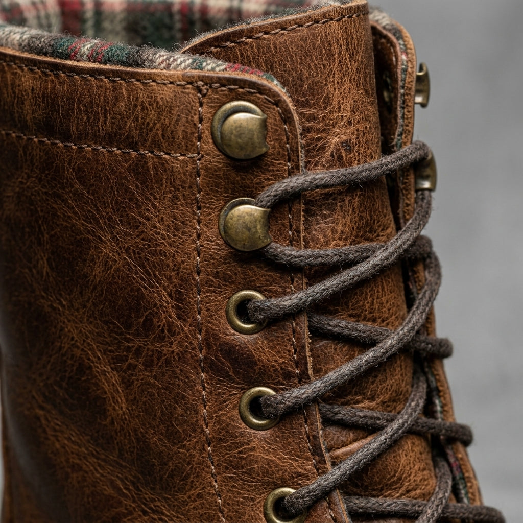 Men's Boots - Mid-Calf - Lace-Up - Round Toe - Low Heel - Leather