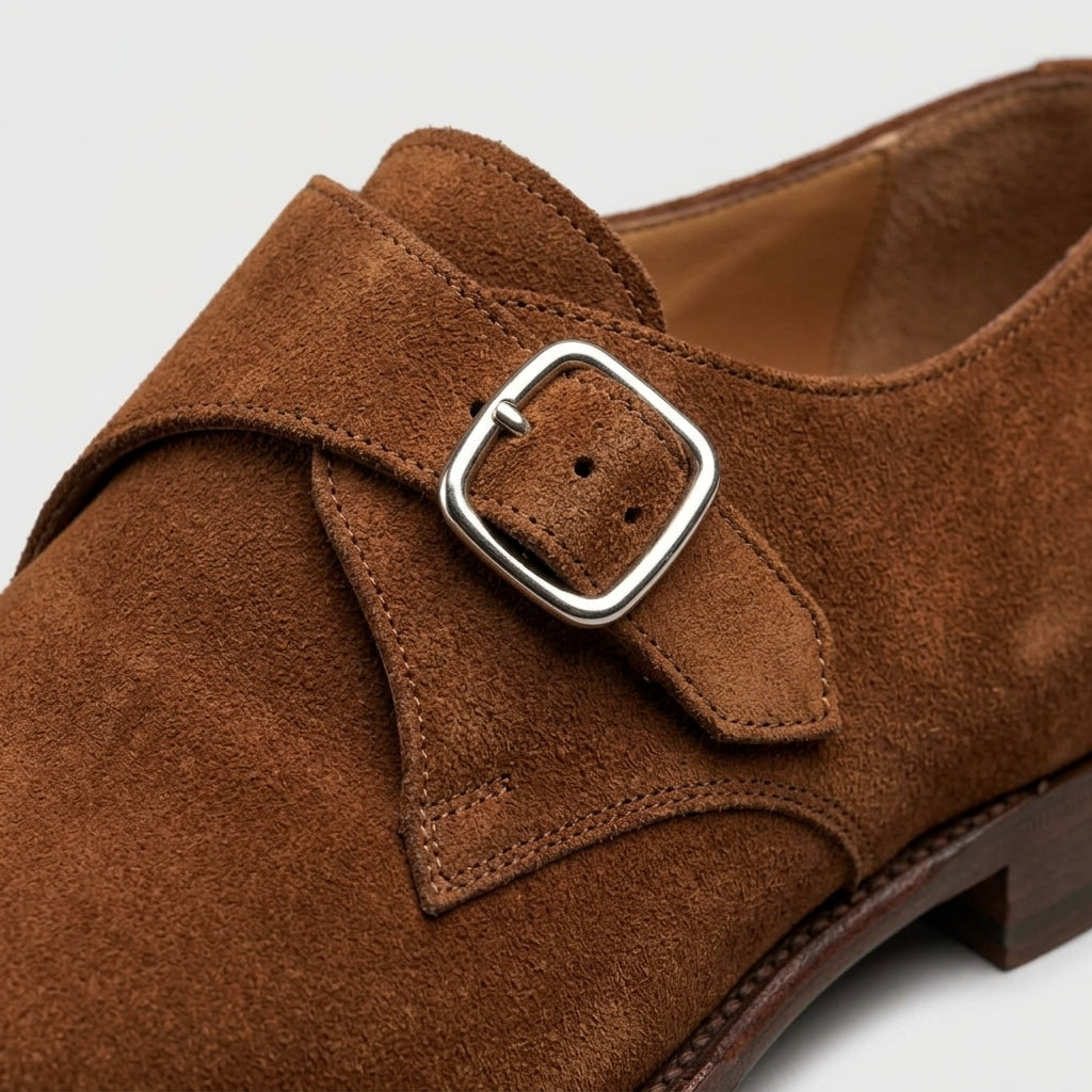 Men's Monk Strap Shoes - Suede - Almond Toe - Low Block Heel