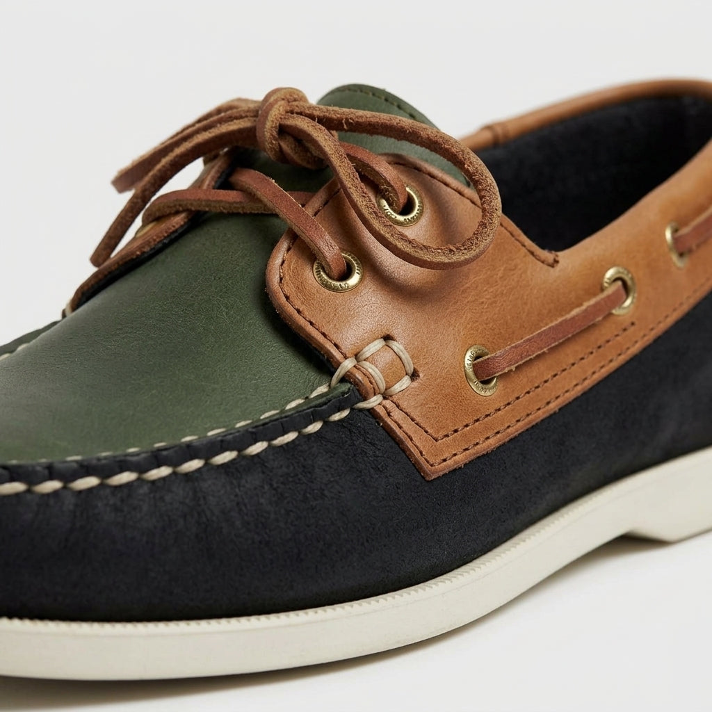 Men's Color-Block Leather Boat Shoes with Lace-Up Closure