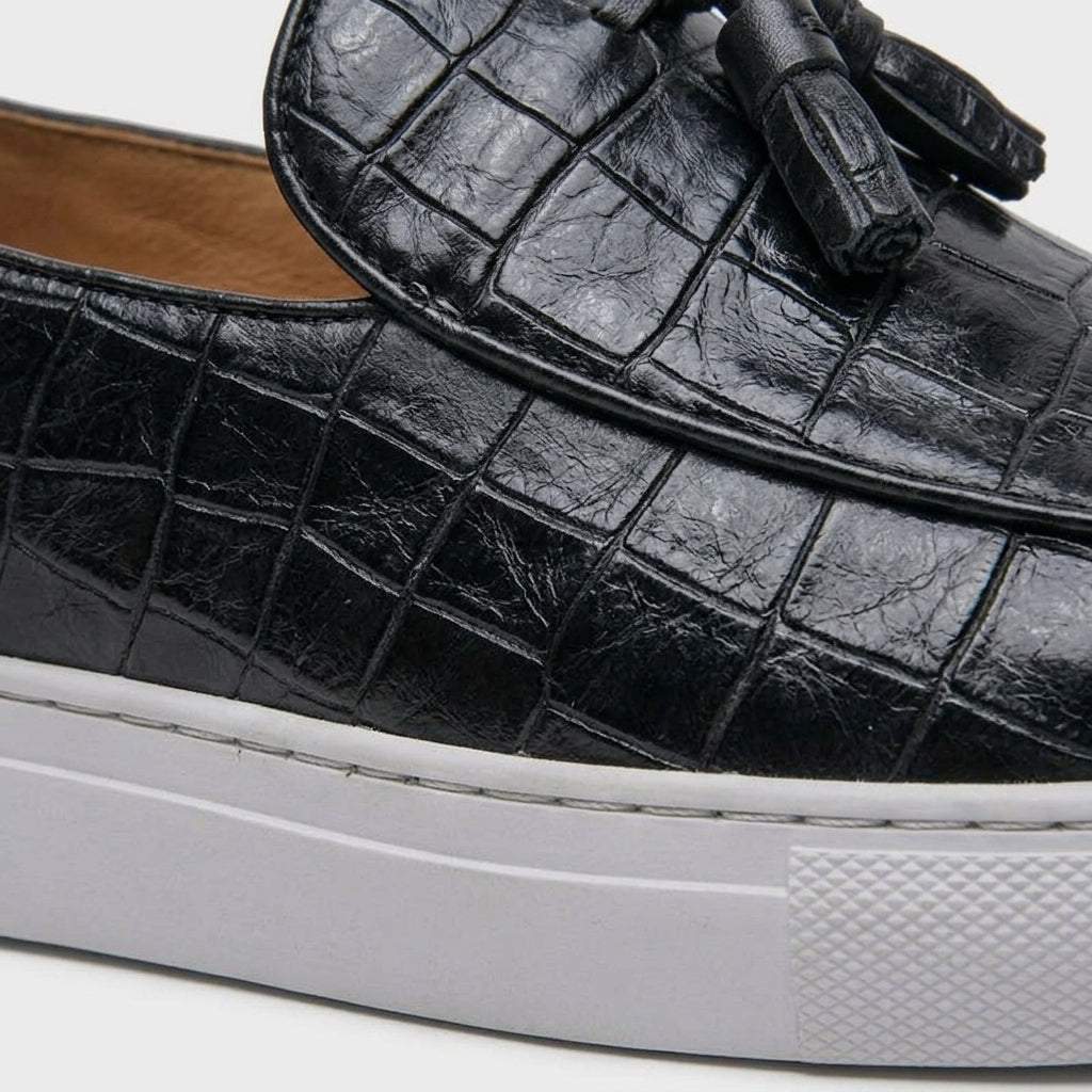 Men's Platform Loafers Croc-Embossed Slip-On with Tassel Detail