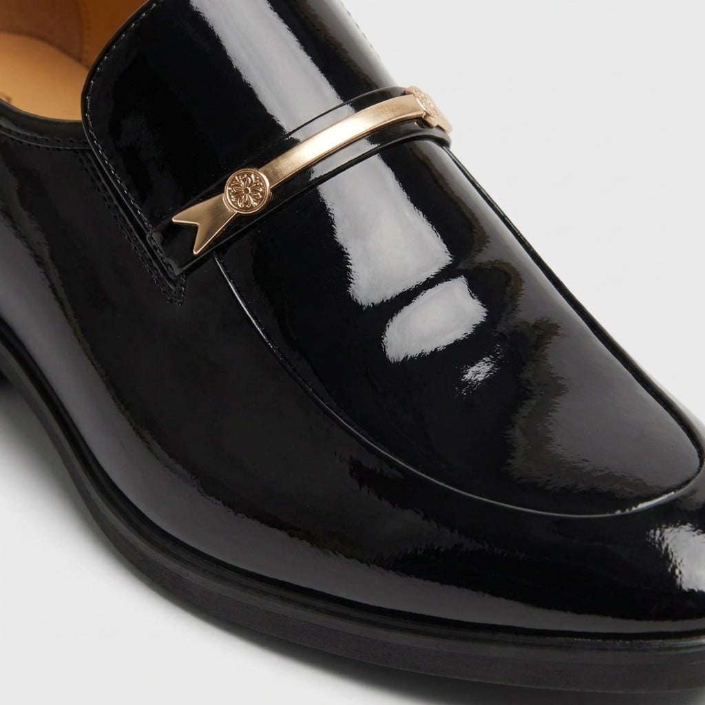 Men’s Patent Slip-On Dress Shoes with Pointed Toe and Metal Bar Detail