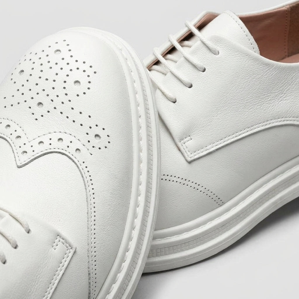 Men's White Brogue Oxford Shoes - Lace-Up Wingtip Derby Low Heel Sole