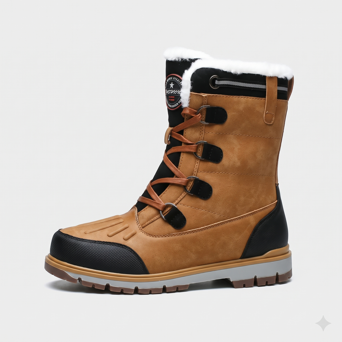 Men's Genuine Leather Lace-Up Mid-Calf Boots with Fur-Lined Collar