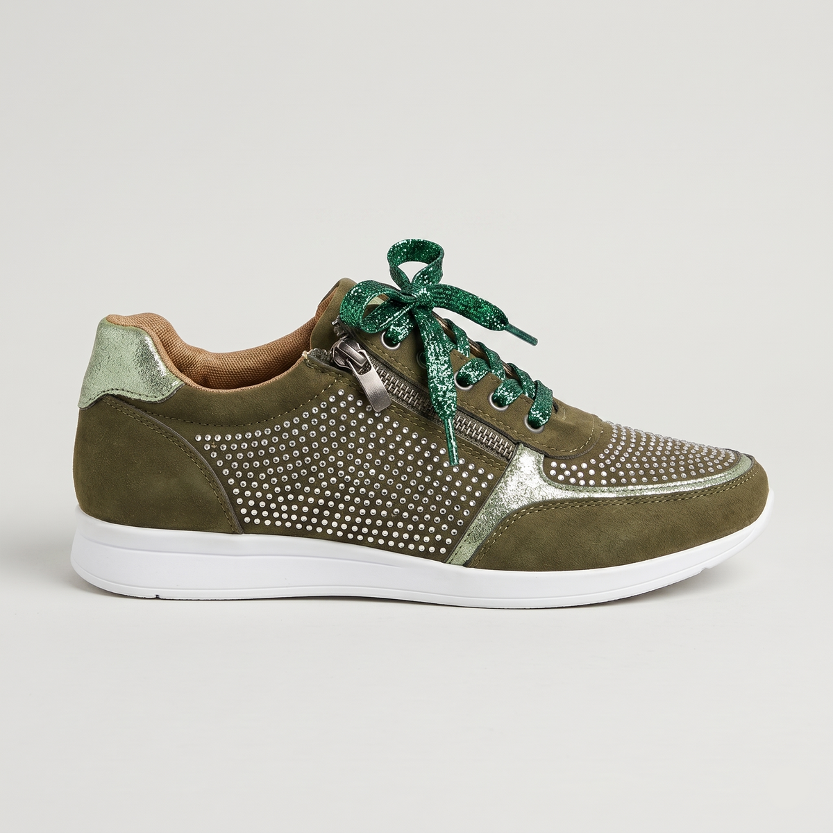 Women's Rhinestone Sneakers with Side Zip and Lace-Up Closure