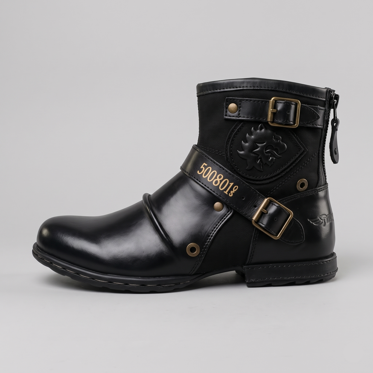 Men's Ankle Boots - Round Toe - Dual Buckle Straps - Low Heel