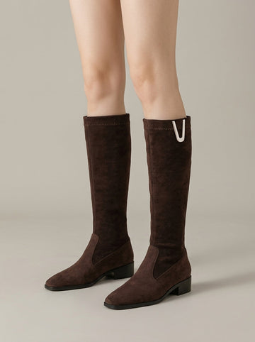 Women's Knee High Boots - Suede - Low Block Heel - Pull-On