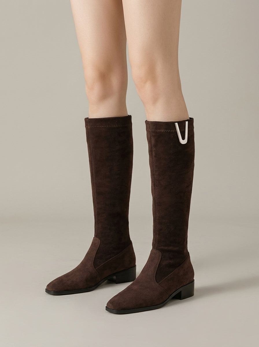 Women's Knee High Boots - Suede - Low Block Heel - Pull-On