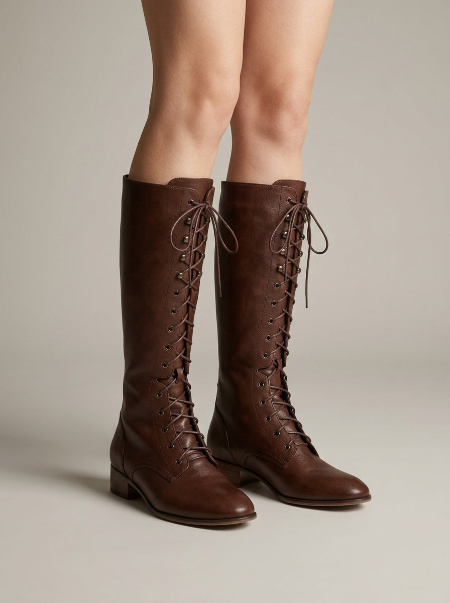 Women's Knee High Boots - Lace-Up - Block Heel - Round Toe