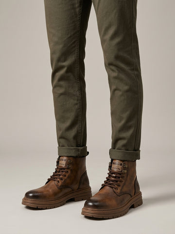 Men's Lace-Up Combat Boots with Side Zip and Chunky Lugged Sole