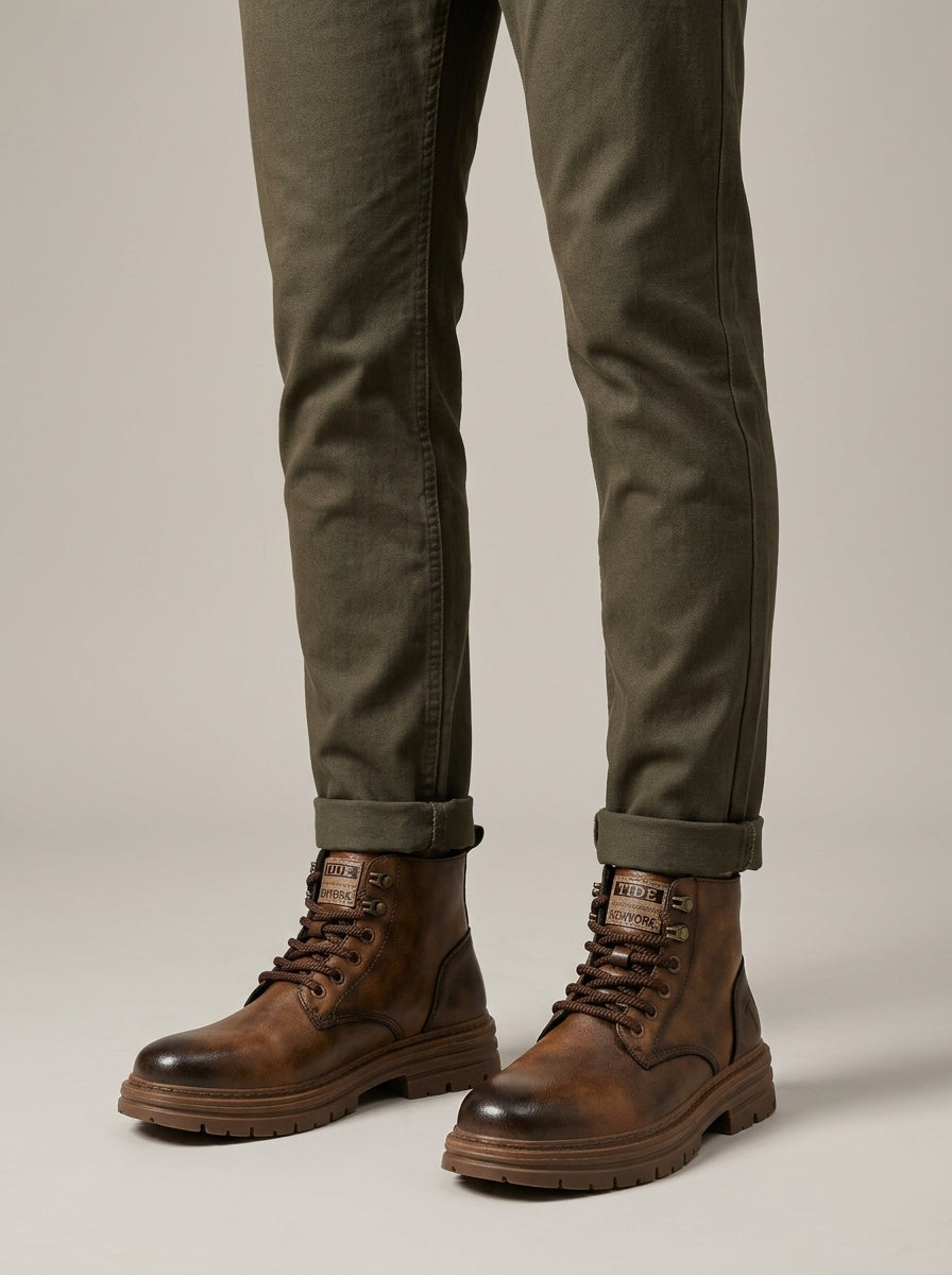Men's Lace-Up Combat Boots with Side Zip and Chunky Lugged Sole