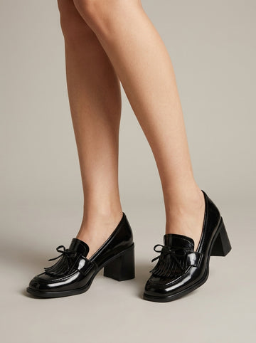 Women's Loafers - Square Toe - Block Heel - Tassel Bow - Slip-On
