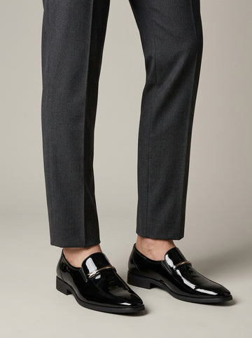 Men’s Patent Slip-On Dress Shoes with Pointed Toe and Metal Bar Detail