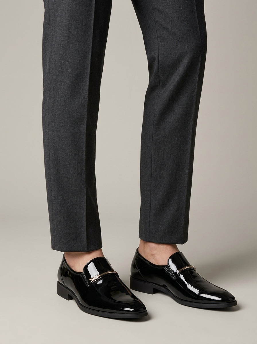 Men’s Patent Slip-On Dress Shoes with Pointed Toe and Metal Bar Detail