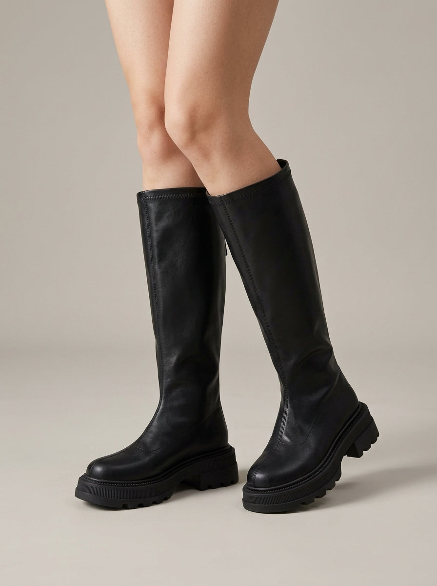 Women's Knee High Boots Platform Sole Back Zip Chunky Lug Sole