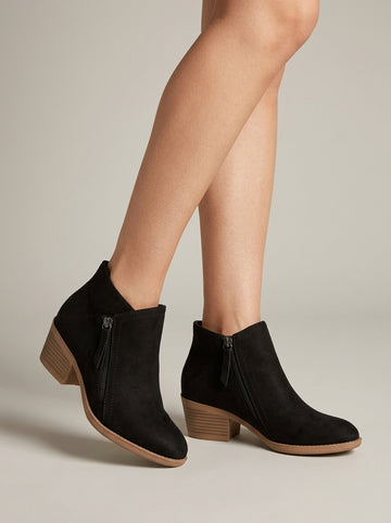 Women's Ankle Boots Low Block Heel Side Zipper Round Toe