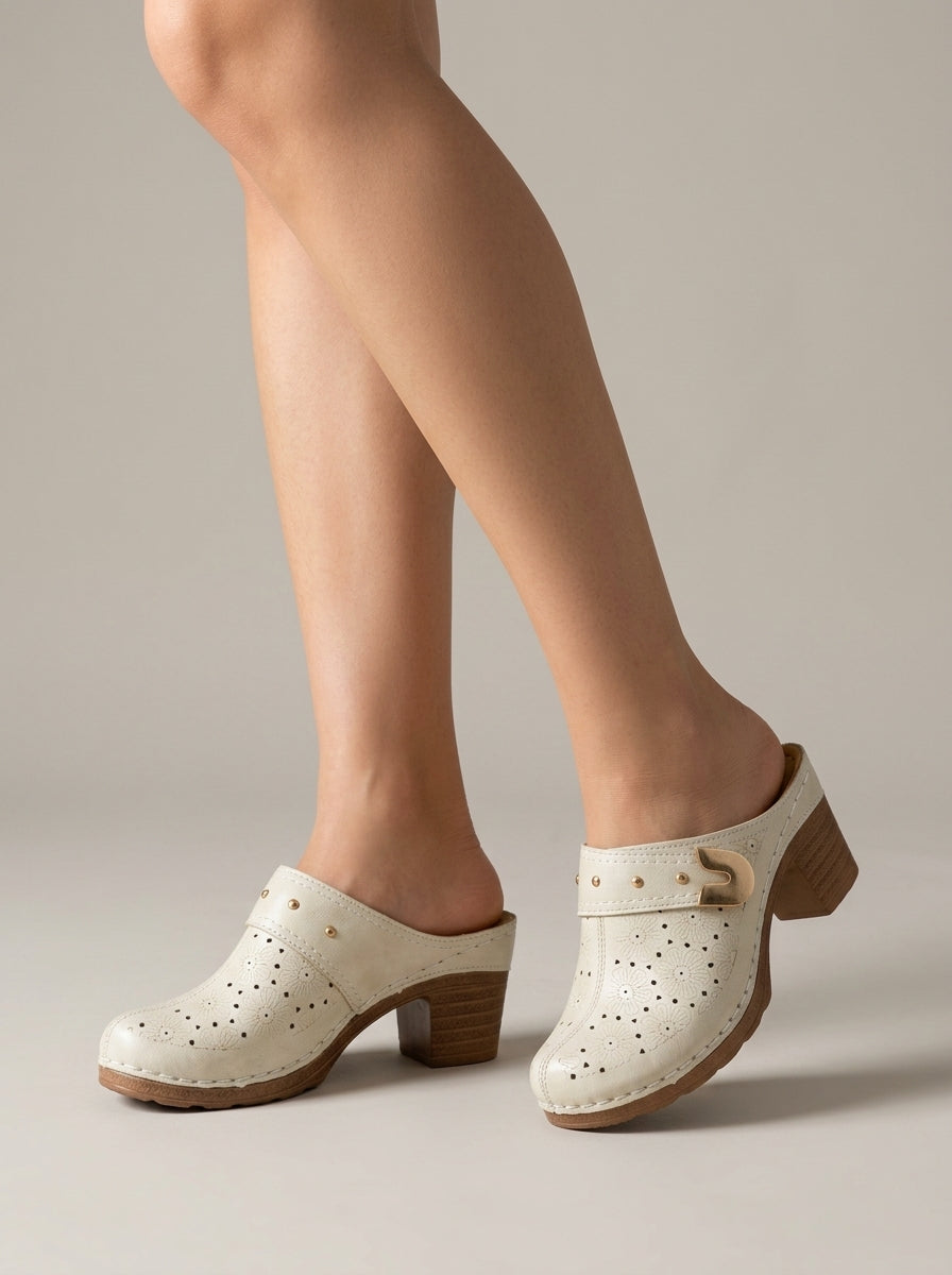 Vintage Floral Cutout Block Heel Mules Studded Clogs