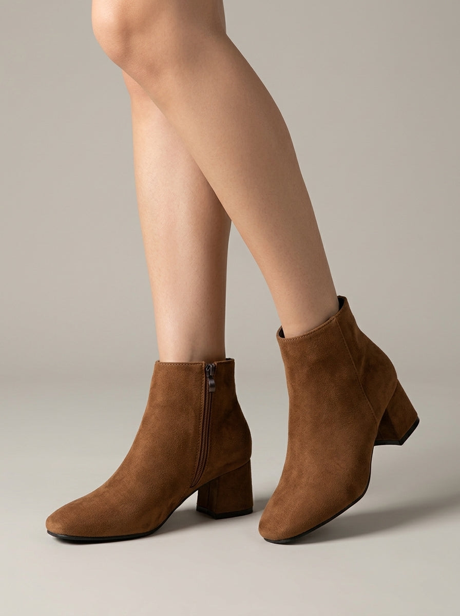 Women's Ankle Boots Block Heel Square Toe Side Zip Suede